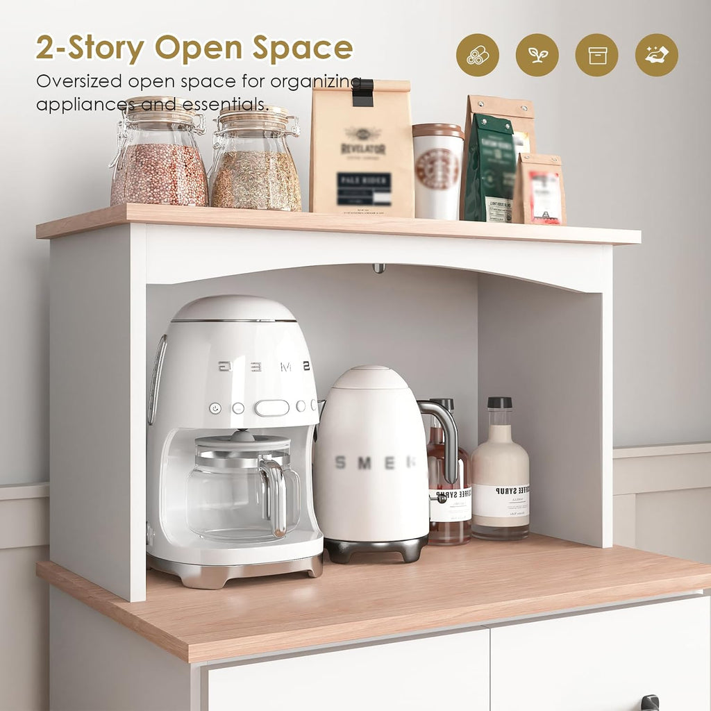 49' Kitchen Pantry Cabinet with Storage, Microwave Stand with 2 Drawers, Buffet Cabinet with Adjustable Shelf, Kitchen Hutch Storage Cabinet with Microwave Countertop for Dinning Room, White