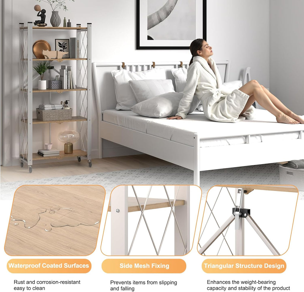 5-Tier Foldable Storage Shelves with Wheels | Portable Structure, Suitable for kitchen, bedroom, living room, bathroom, garage, wood grain transfer, 59*26*13in