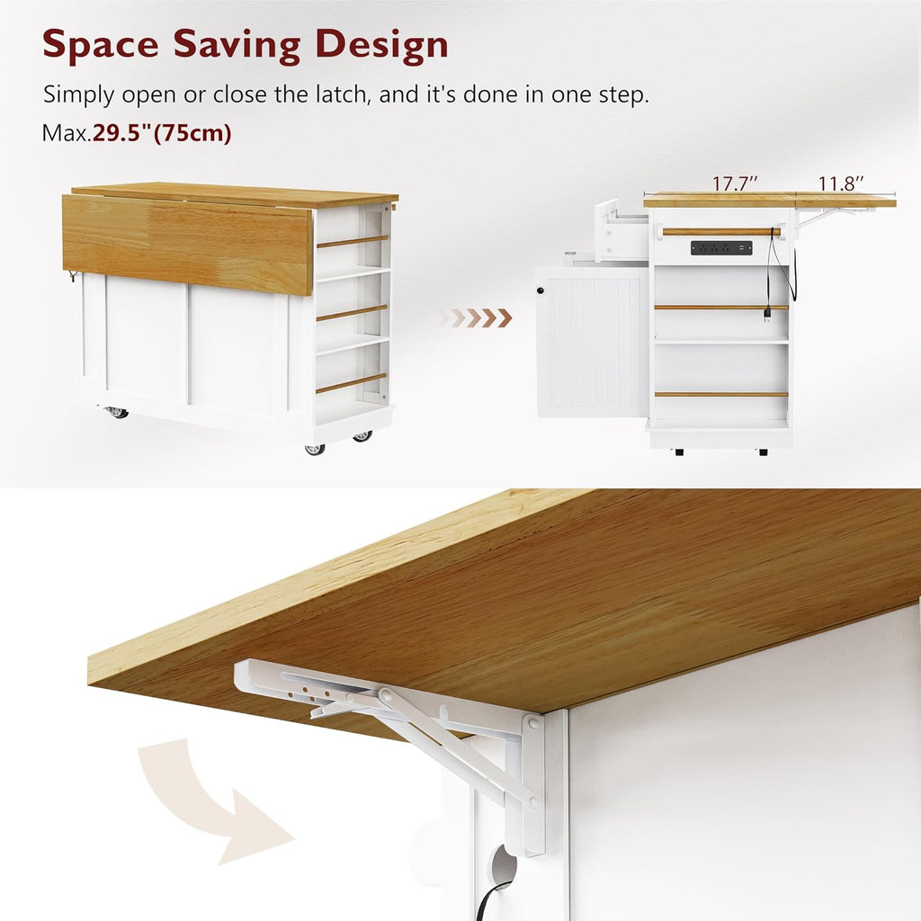 48 Inch Rolling Kitchen Island Storage Cart on 5 Wheels with Drop Leaf, Power Outlet, Door Internal Storage Rack, 5 Open Side Racks, 2 Drawers for Dining Room, Home Bar, White