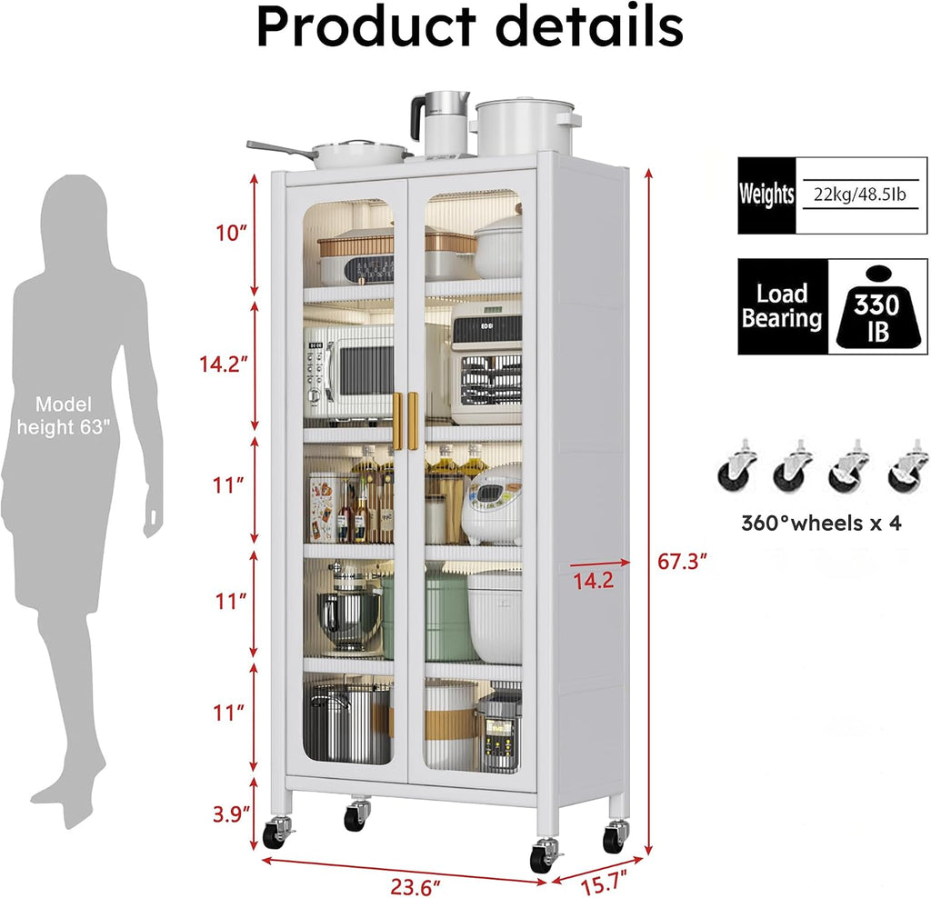67.3' Kitchen Pantry Storage Cabinet,Display Storage Cabinet Magnetic Doors, Adjustable Shelves & Wheels,Metal Tall Food Pantries Cabinets,for Kitchen, Living Room and Dining Room, White
