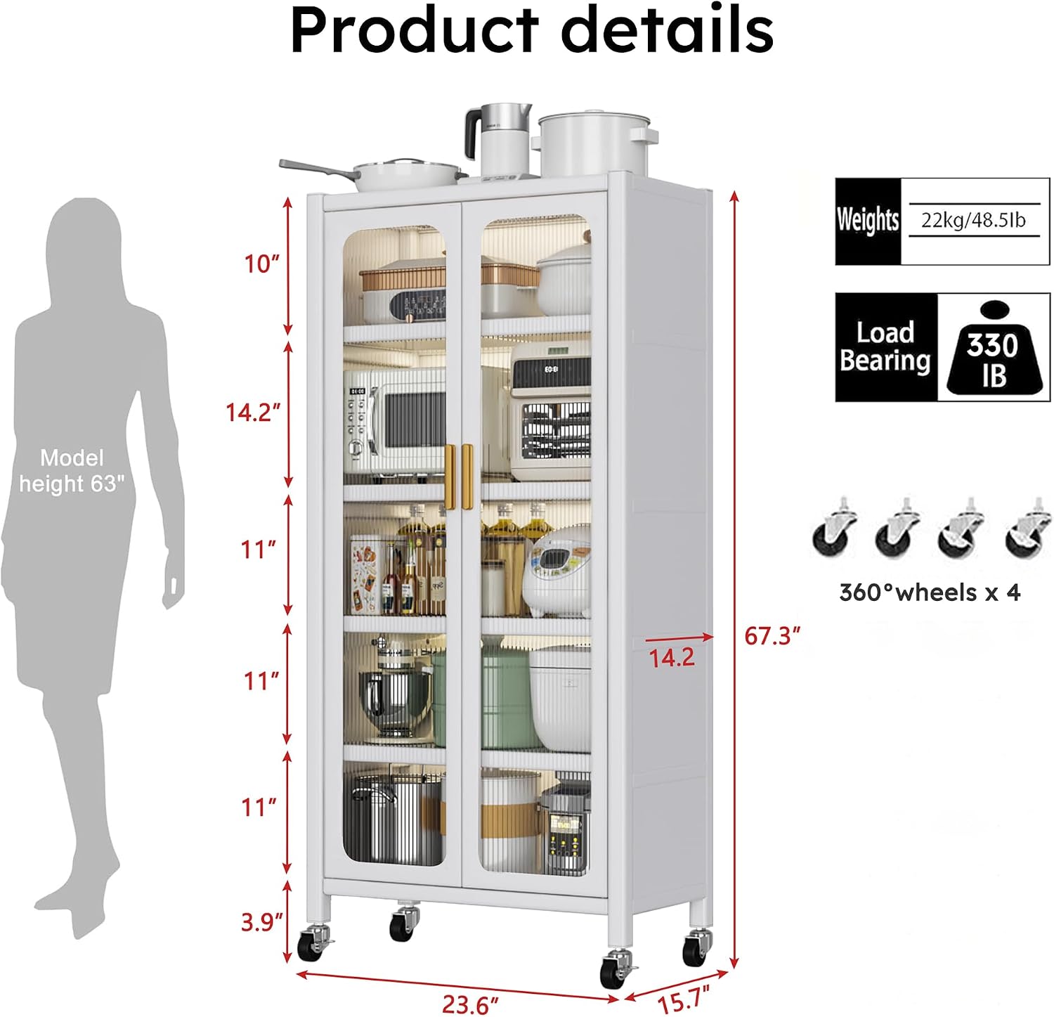 67.3' Kitchen Pantry Storage Cabinet,Display Storage Cabinet Magnetic Doors, Adjustable Shelves & Wheels,Metal Tall Food Pantries Cabinets,for Kitchen, Living Room and Dining Room, White