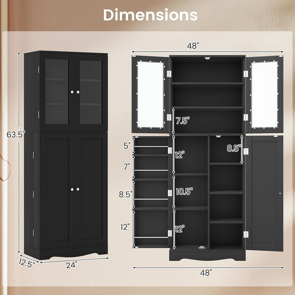 LOKO 63.5' Tall Kitchen Pantry Storage Cabinet, Freestanding Food Storage Cabinet with Glass Doors, Storage Shelves & Door Racks, Modern Cupboard for Dining Room, Living Room (Black)
