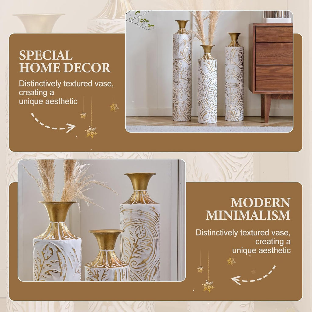 Tall Large Floor Vases Home Decor Set of 3 White and Gold Flower for Wedding Living Room Luxury Dried Flowers Antique Worn Vases 24'/28.7'/33.5' Height