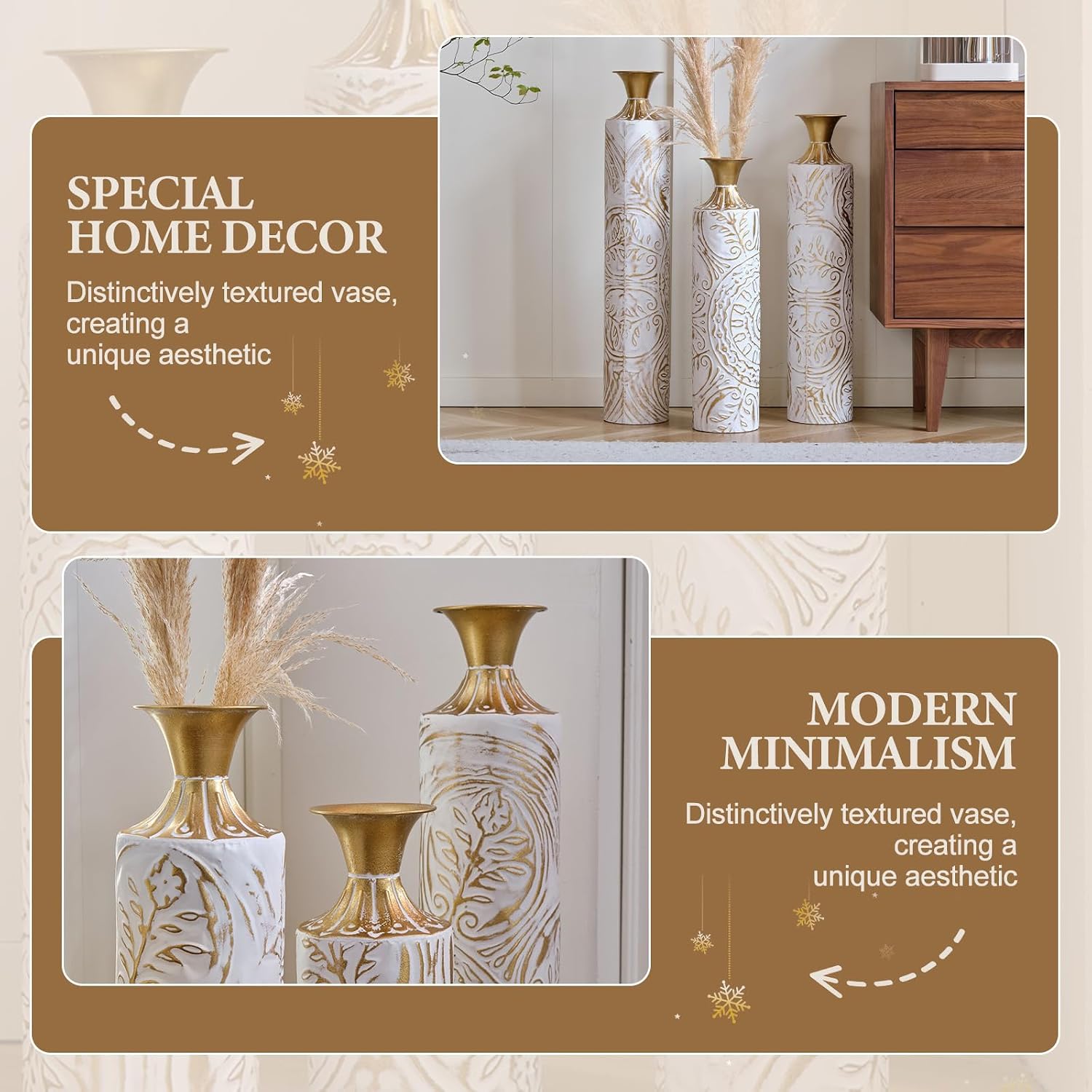 Tall Large Floor Vases Home Decor Set of 3 White and Gold Flower for Wedding Living Room Luxury Dried Flowers Antique Worn Vases 24'/28.7'/33.5' Height