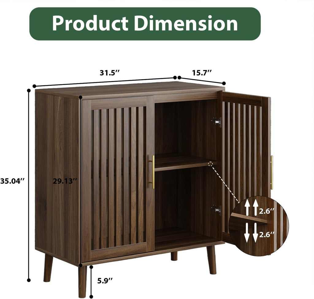 Buffet Cabinet with Storage Walnut Sideboard with Grille Doors&Adjustable Shelf, Wood Coffee Bar Storage Cabinet for Kitchen Living Room Entryway (31.5 Inch)