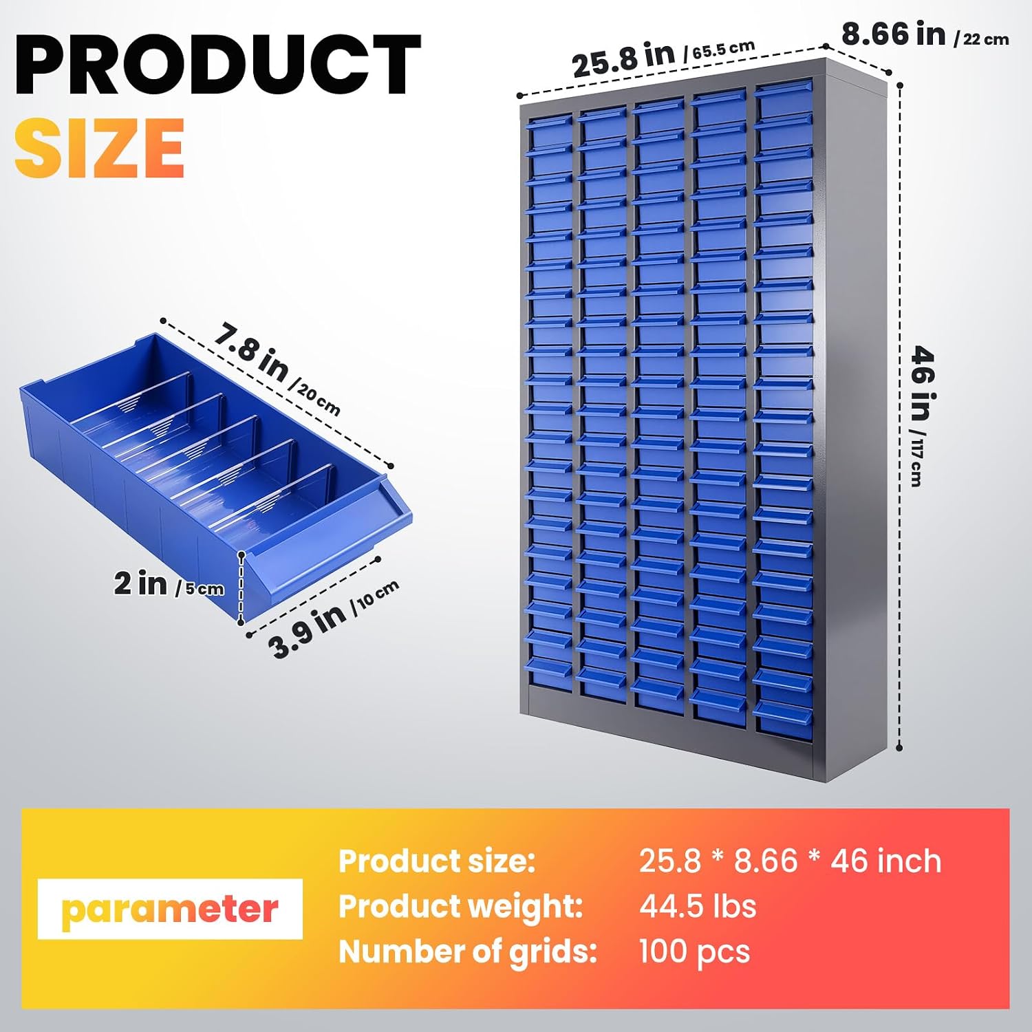 Nut and Bolt Organizer, Heavy Duty Parts Cabinet with 100 ABS Material Drawers, Metal Frame Bolt Organizer Storage in Workshop, Garage, and Classroom (Grey)