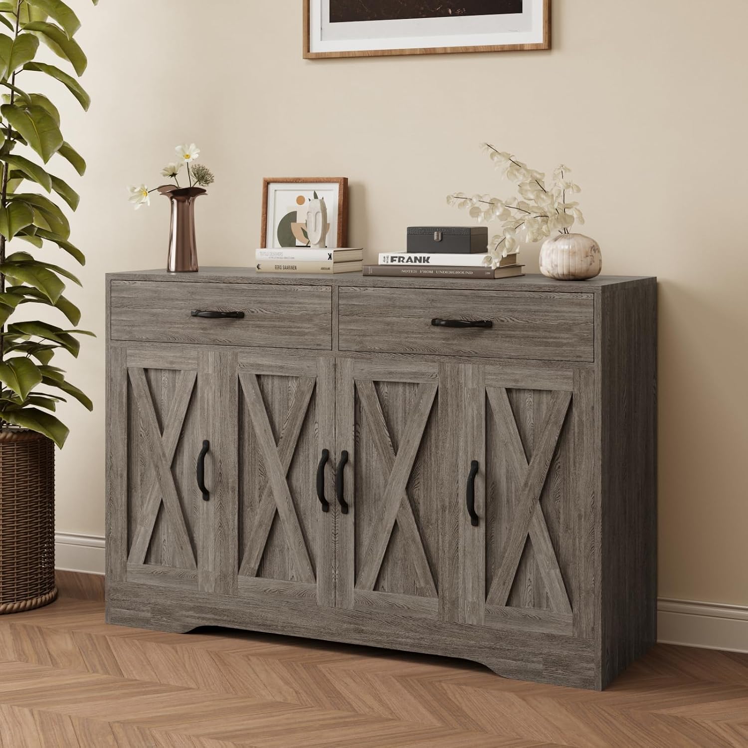 Sideboard Cabinet with Drawers, 47' W Sideboard Buffet Storage Cabinet with Storage for Kitchen, Farmhouse Coffee Bar Cabinets with Shlves and Doors for Hallway, Gray