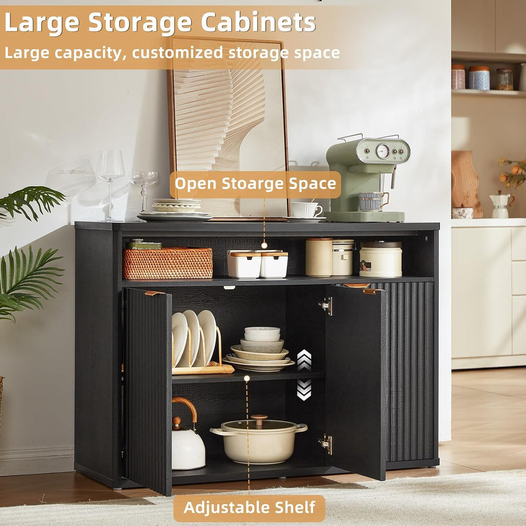 LEYAOYAO Fluted Buffet Cabinet with Storage, 45' Wide Wood Sideboard Credenza with 3 Doors & Open Storage Shelf, Modern Kitchen Console Accent Cabinets, Coffee Bar Table for Dining Room, Black Oak