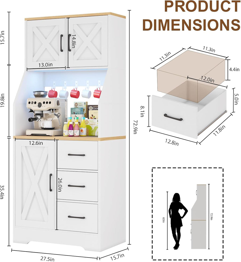 DreamDashio Pantry Cabinet with Adjustable Shelves and 3 Drawers, Tall Kitchen Pantry Storage Cabinet with LED Light & Charging Station, Kitchen Hutch with Microwave Shelf & 6 Hooks for Dining Room