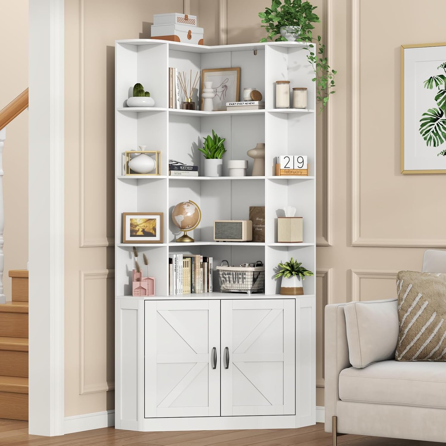 Corner Bookshelf with Doors, 6 Tier Corner Bookcase with Storage Cabinet, White L-Shaped Book Shelf with 8 Open Racks , Farmhouse Etagere Bookshelf with Full Baffle for Living Room Home Office (White)