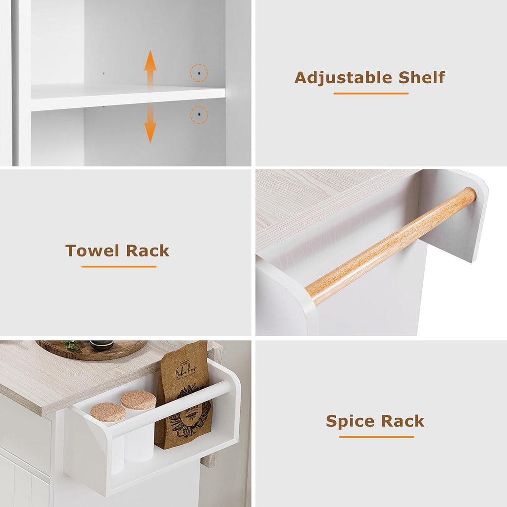 Rolling Kitchen Island Carton Wheels with Trash Can Storage Cabinet, Drop Leaf, Spice Rack, Towel Rack, Drawer, Adjustable Shelf for Dining Room Kitchens White
