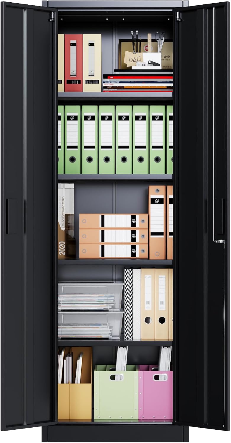 Narrow Metal Garage Storage Cabinet, Lockable Narrow Steel Storage Cabinet with 4 Adjustable Shelves for Garage, Office, Home, Assembly Required, Black, 15.75' D × 23.62' W × 70.87' H