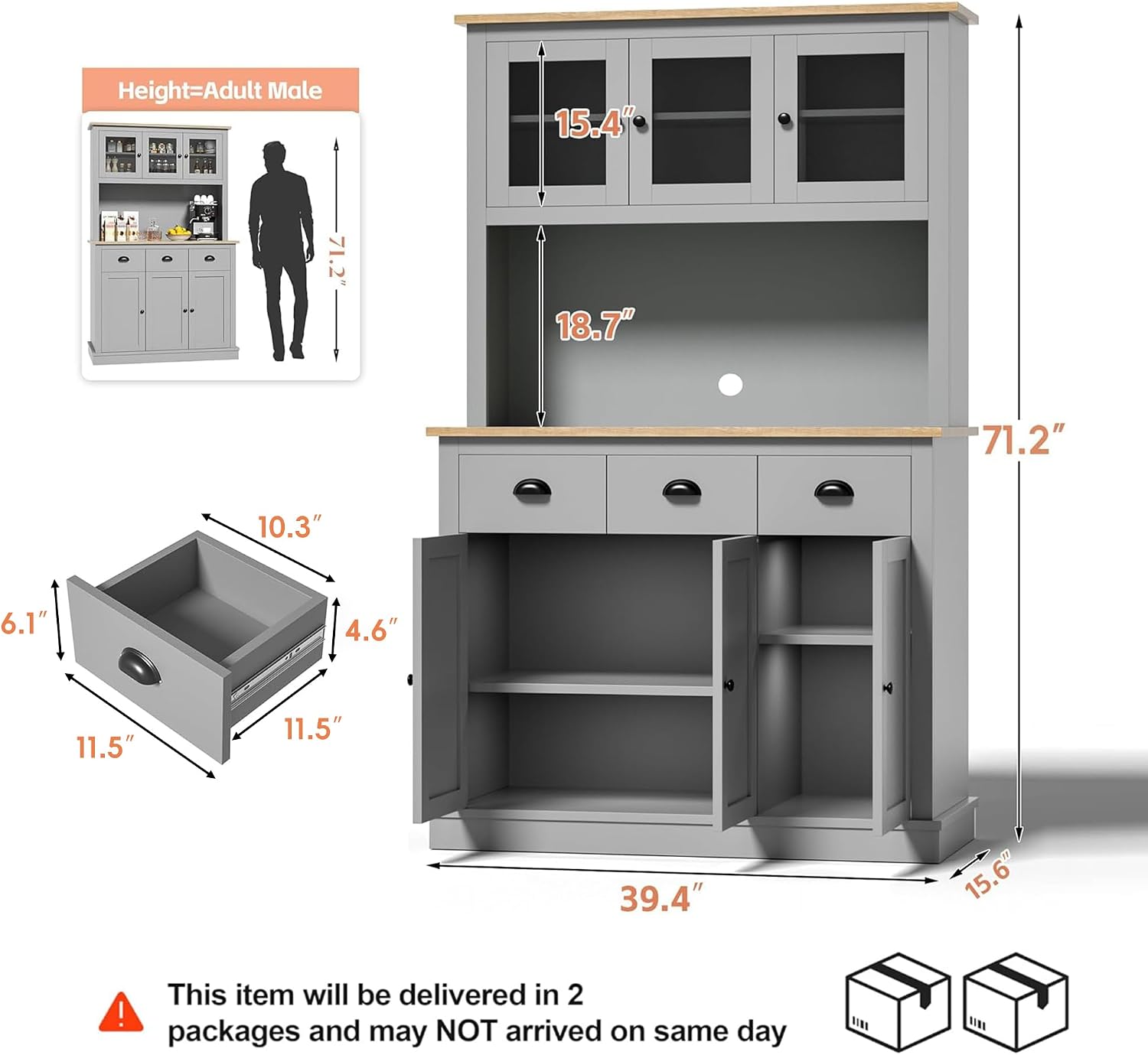 MU 71' Kitchen Pantry Cabinet with Charging Station, Tall Pantry Hutch with Drawers, Countertop & Microwave Shelf, Food Storage Cabinet for Dining Room & Coffee Bar, Grey