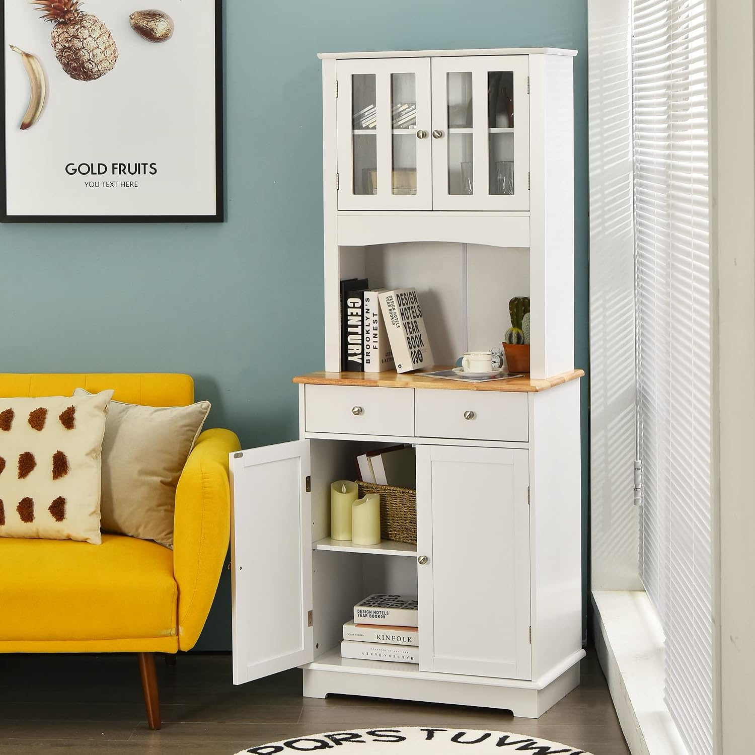 LOKO Kitchen Hutch Cabinet, Kitchen Cabinet with Framed Tempered Glass Doors, Flat Countertop and 2 Drawers, Kitchen Pantry Storage Cabinet with Adjustable Shelves, 27 x 16 x 67 inches (White)