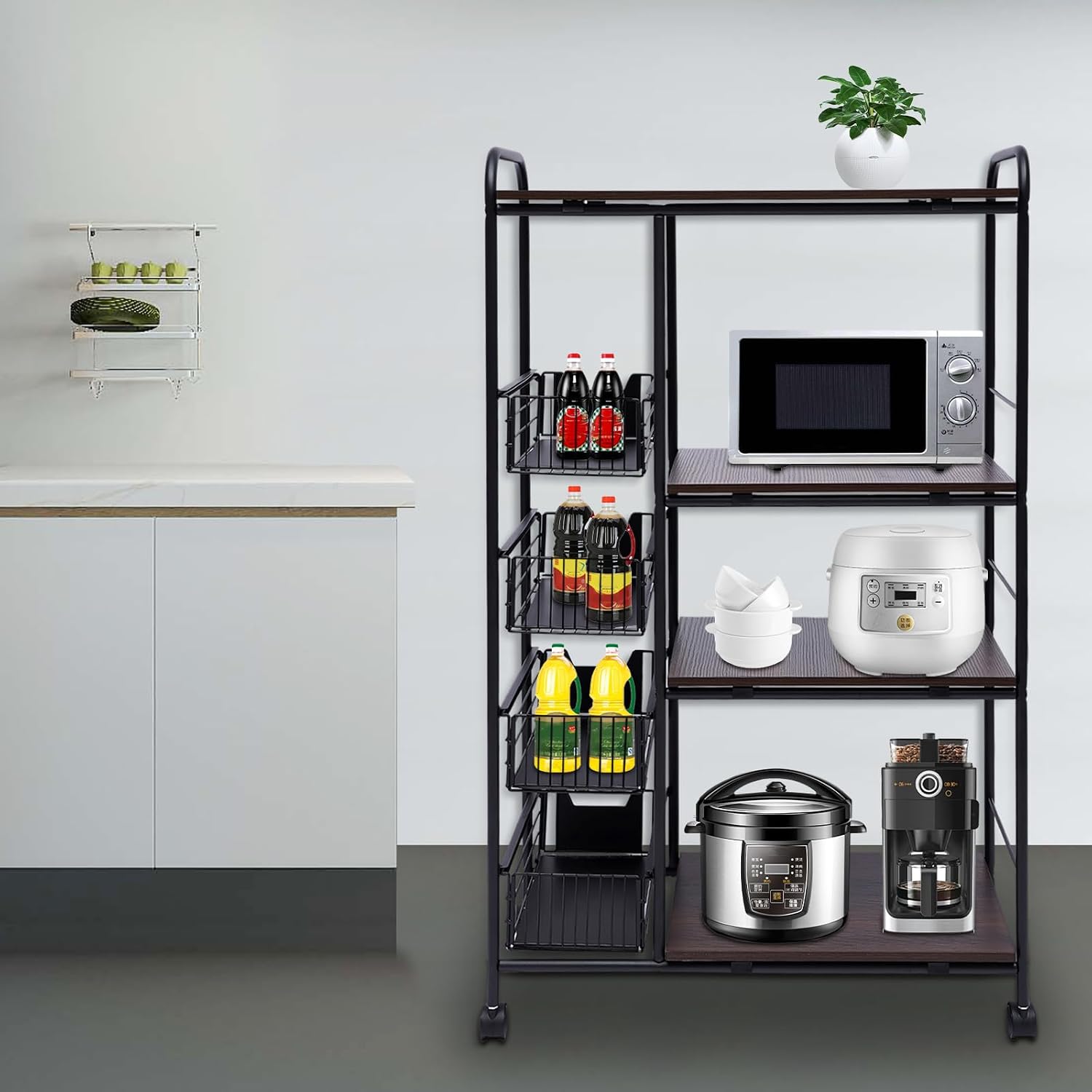 Kitchen Storage Carts,Kitchen Stand Microwave Cart for Home,Kitchen Shelving Unit Rolling Utility Microwave Oven Rack on Wheels,Mobile Cart with 4 Tier Storage Bakers Rack,with 4 Sliding Drawers