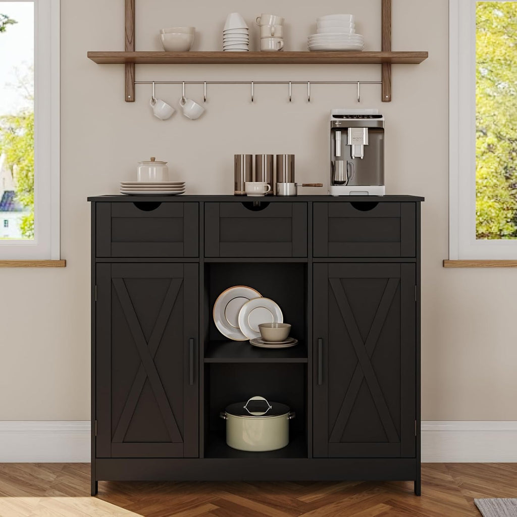 Viaozutis Storage Cabinet, Coffee Bar Cabinet with 2 Adjustable Shelves, 3 Drawers, and 2 Doors, for Bathroom, Kitchen, Living Room (Black)
