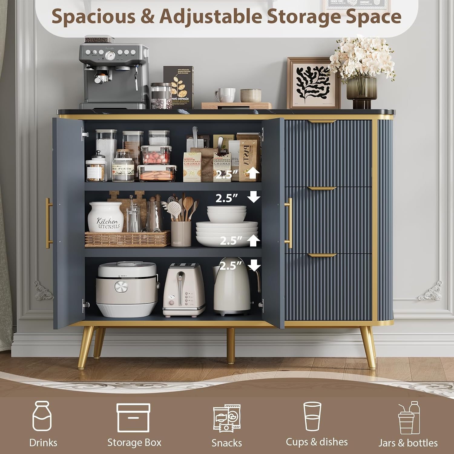 47.3' Modern Buffet Cabinet with Storage, Kitchen Sideboard Buffet with 2 Door & 3 Drawers, Fluted Caffee Bar Storage Cabinet for Dining Room, Living Room, Entryway, Navy Blue