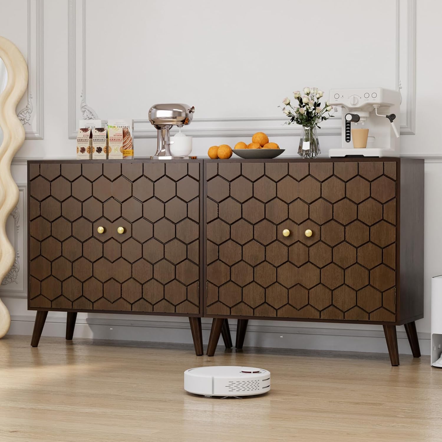 COSIEST 32' Storage Sideboard with Doors, Adjustable Shelf, Decorative Modern Accent Furniture for Living Room, Entryway, Kitchen (Brown, Honeycomb Pattern)