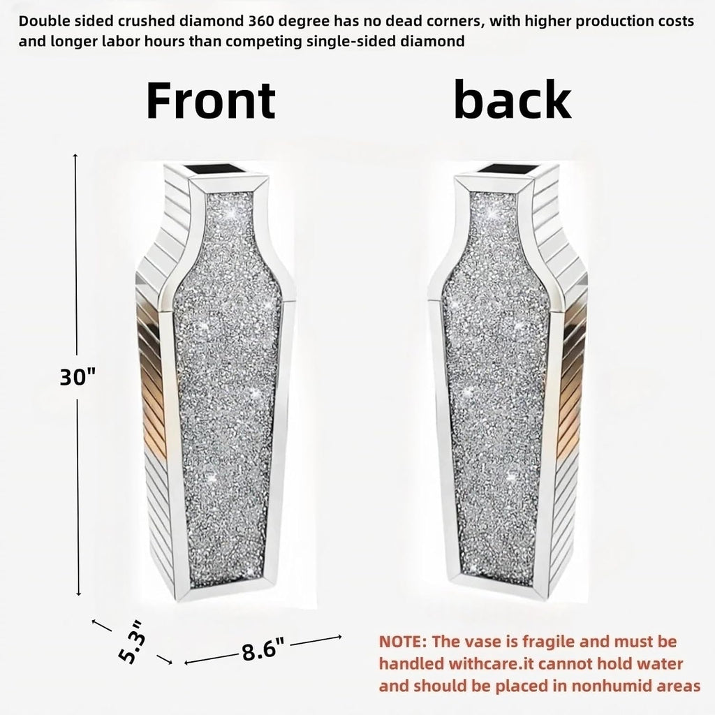 30' Large Double Sided Crushed Diamond Floor Vases,Tall Silver Mirrored Crystal Vase for Floor,Big Floor Vases Decorative Tall for Home,Office,Hotel(Silver,8.6' L x 5.3' W x 30' H)