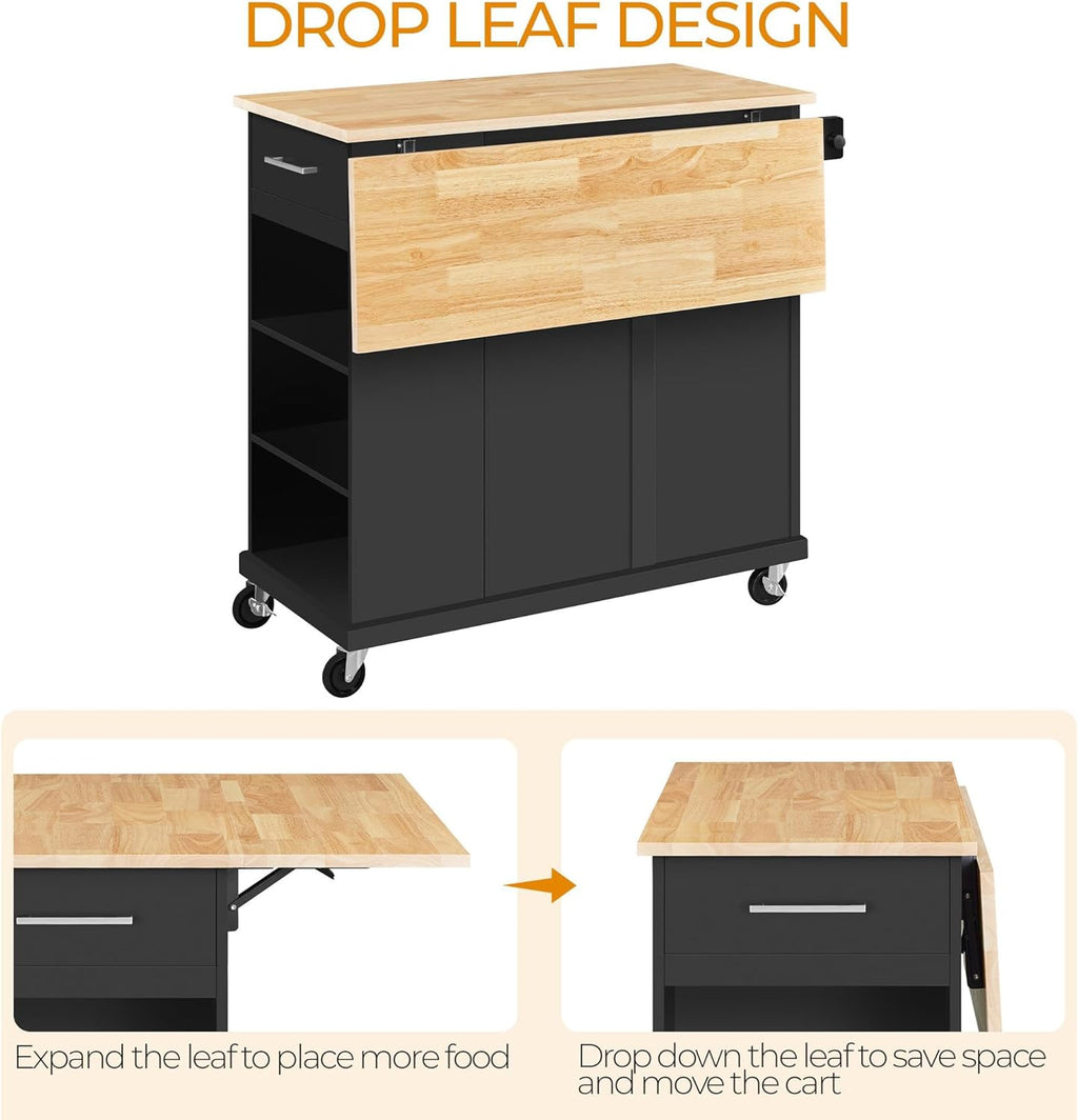 Yaheetech Rolling Kitchen Island Cart with Drop Leaf, Portable Rubberwood Breakfast Bar with Storage Cabinet, Open Shelves & Detachable Towel, 2 Drawers, Black