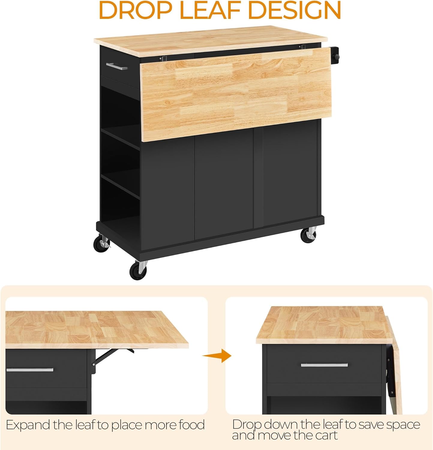 Yaheetech Rolling Kitchen Island Cart with Drop Leaf, Portable Rubberwood Breakfast Bar with Storage Cabinet, Open Shelves & Detachable Towel, 2 Drawers, Black
