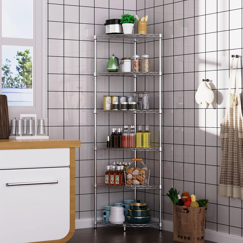 6 Tier NSF Corner Wire Shelf Shelving Unit, 18 x 18 x 72 Inch 420lbs Capacity Heavy Duty Adjustable Metal Storage Rack with Leveling Feet & Shelf Liners for Office Kitchen Bathroom and More - Chrome