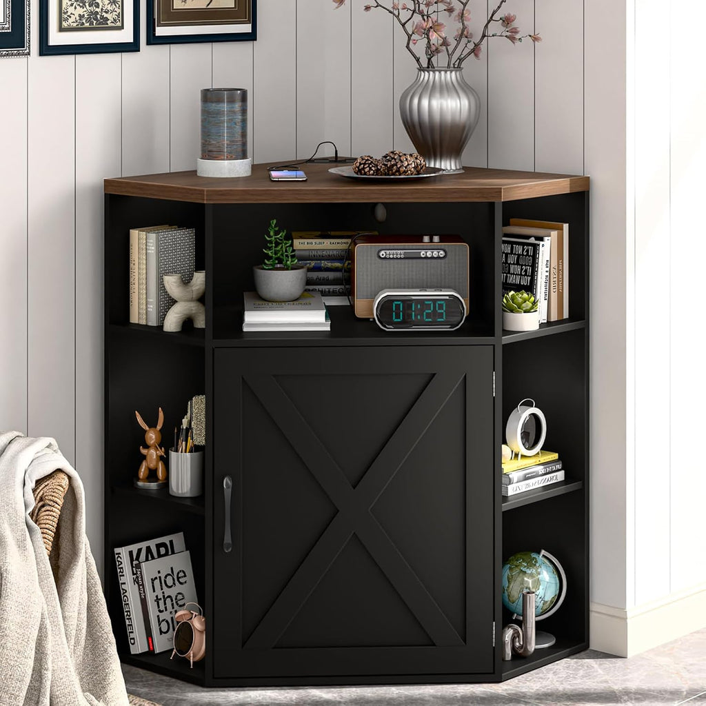 Vabches Corner Cabinet, Corner Storage Shelf with USB Ports and Outlets Industrial Organizer for Small Space Wooden 6-Cubby Bookshelf for Study, Playroom, Living Room (Black and Brown)