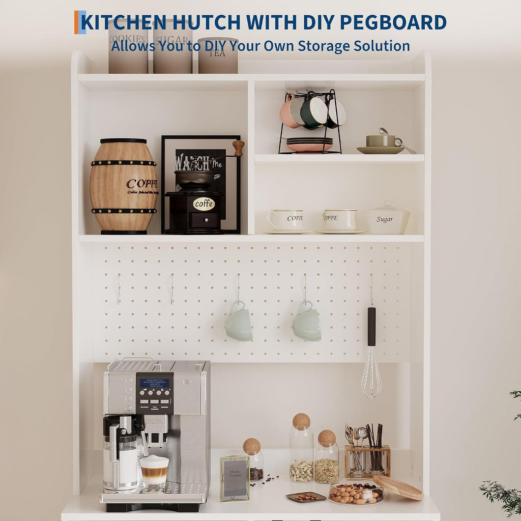 GarveeHome 71 in Pantry Storage Cabinet with Doors, Kitchen Storage Cabinets with DIY Pegboard & Adjustable Shelves, Hutch Cabinet for Kitchen Dining Room Living Room(31.5 in x15.5 in x71 in), White