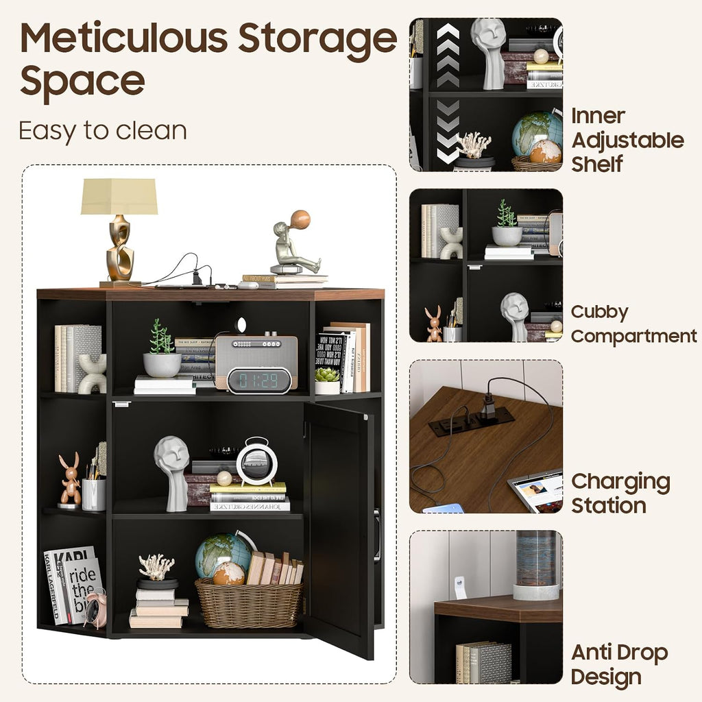 Vabches Corner Cabinet, Corner Storage Shelf with USB Ports and Outlets Industrial Organizer for Small Space Wooden 6-Cubby Bookshelf for Study, Playroom, Living Room (Black and Brown)