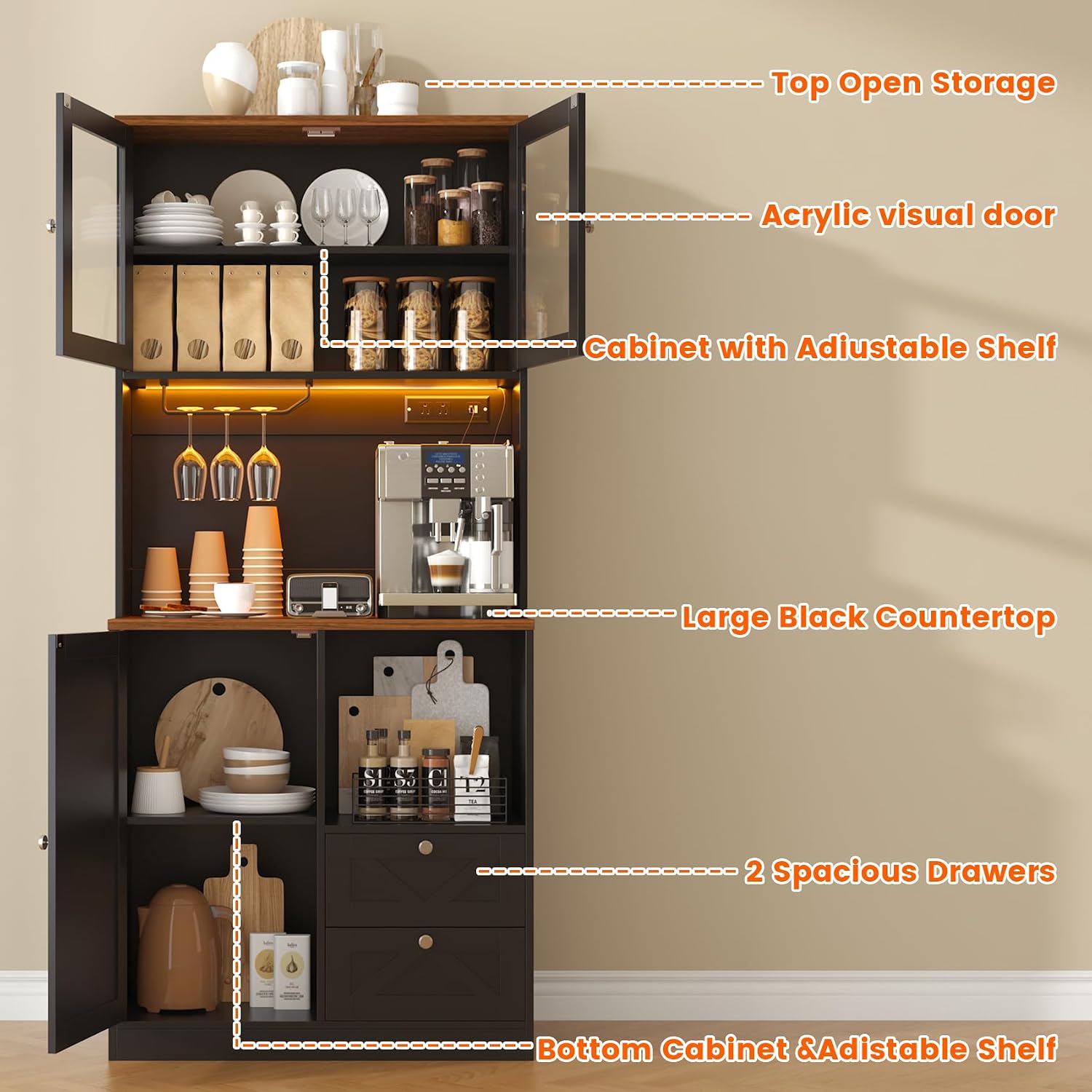 71' Tall Coffee Bar Cabinet with Storage Hutch, Farmhouse Kitchen Pantry Cabinet with LED Lights Microwave Stand and Glass Holder for Home Dining Room Kitchen (Black)