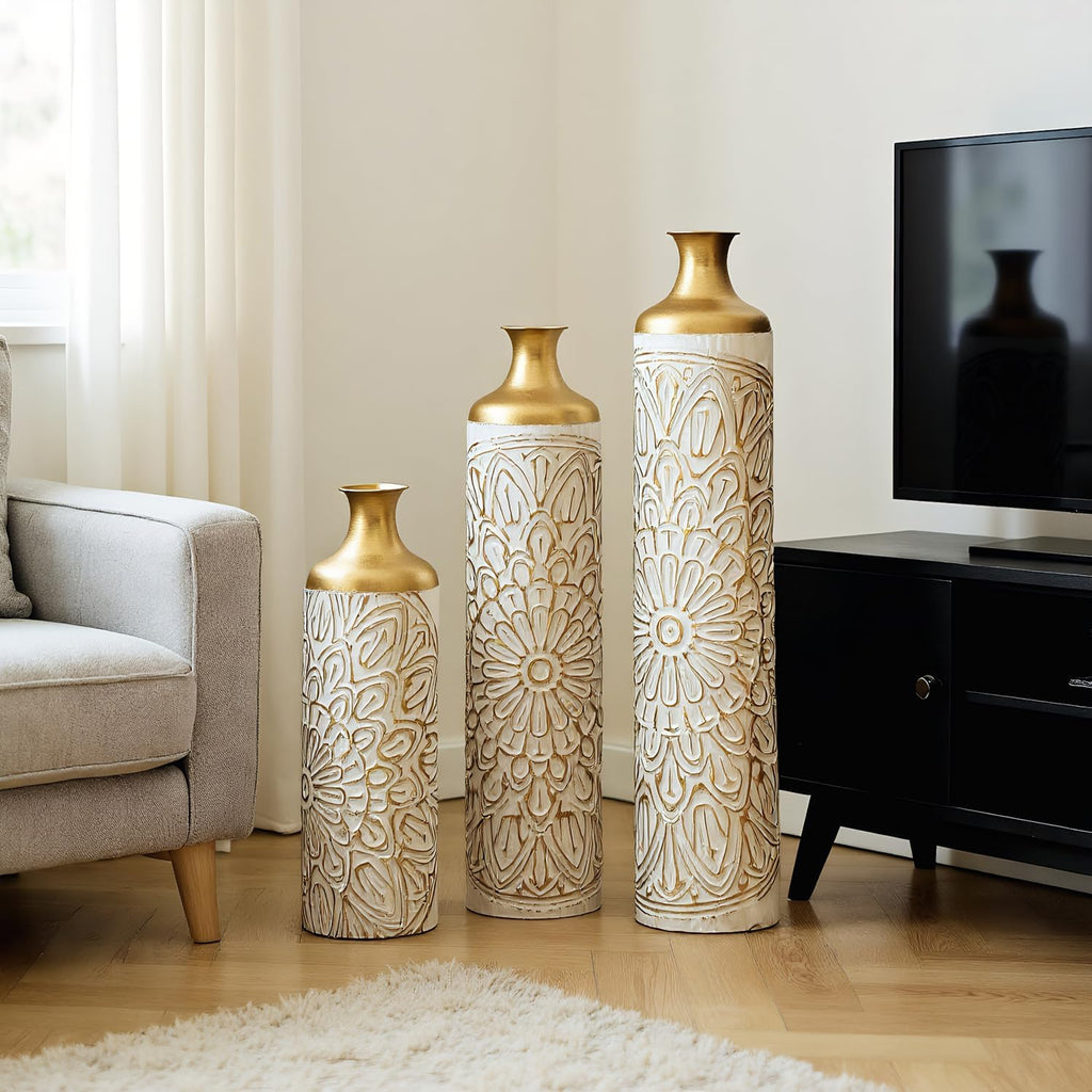 Luxury 3-Piece Floor Metal Vase Set - White & Gold Droplet Shaped Decor for Sophisticated Home Styling - Large Glazed Metal Vases to Impress Guests