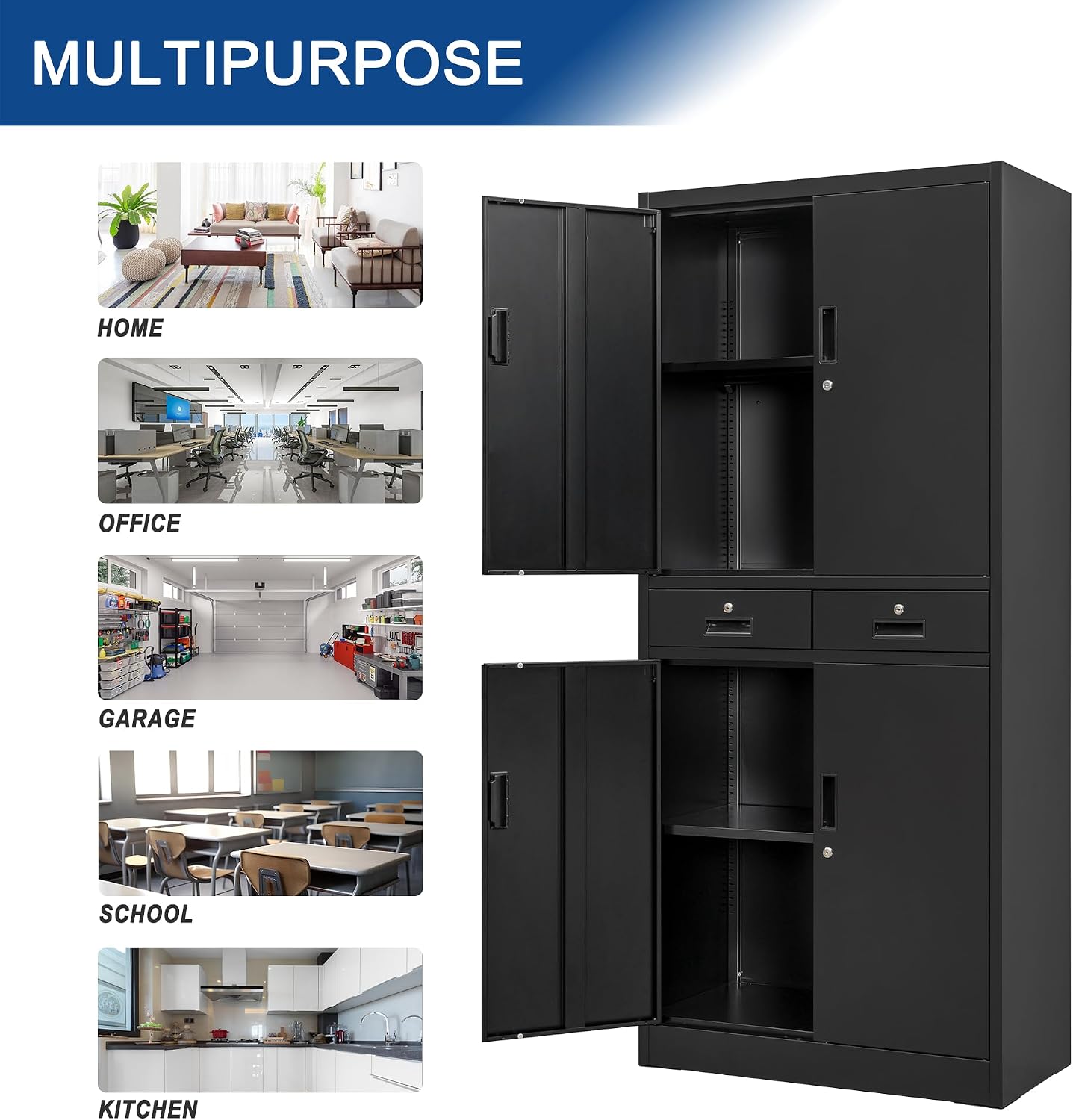 Wanfu Metal Storage Cabinet, 71' Locking Storage Cabinet with Adjustable Shelves and 2 Drawers, Steel Cabinets for Office, Garage, Home, School, Utility Room(Black)