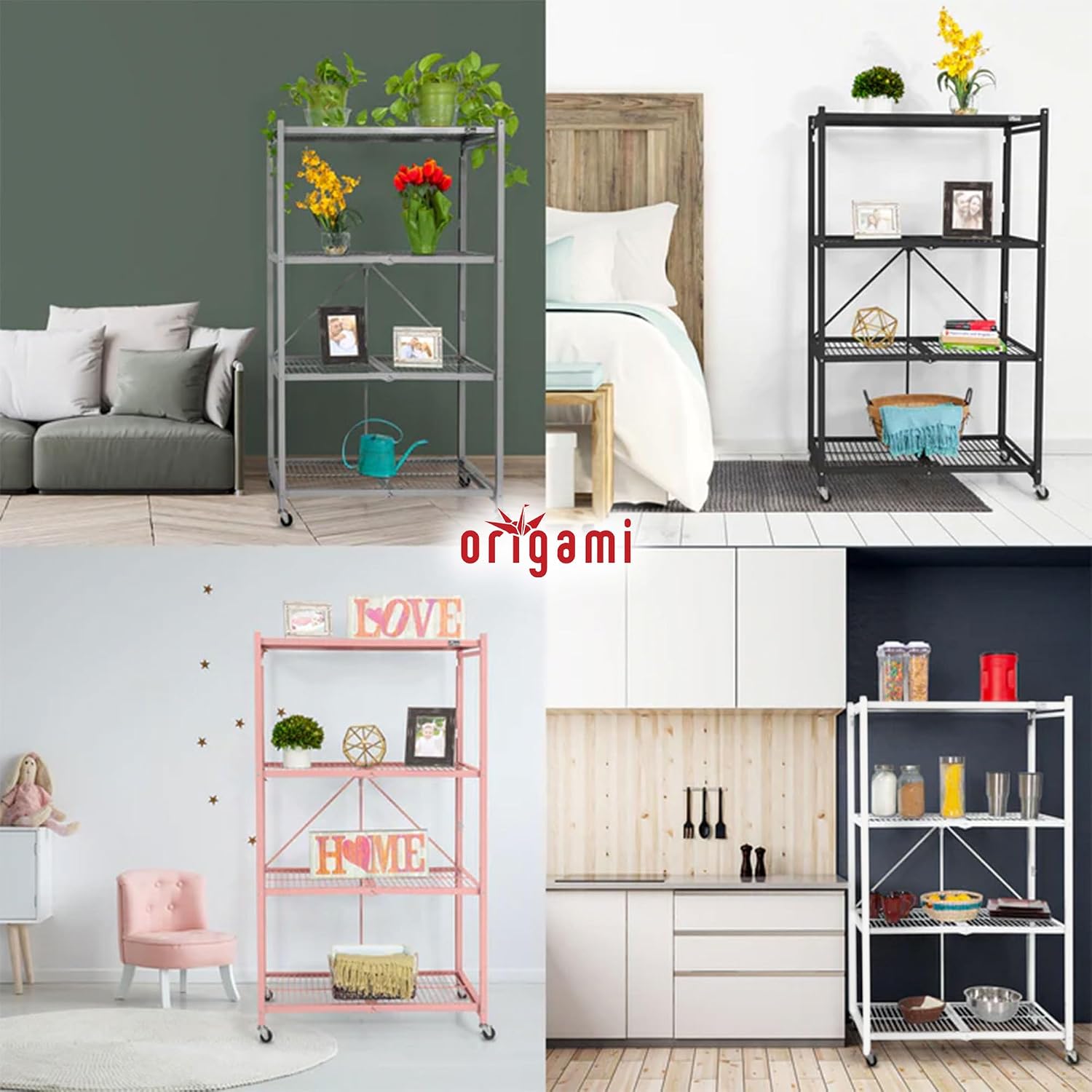 Origami 4-Pack R5 Storage Rack, 4-Tier Heavy-Duty Foldable Steel Shelf with Wheels, Gray