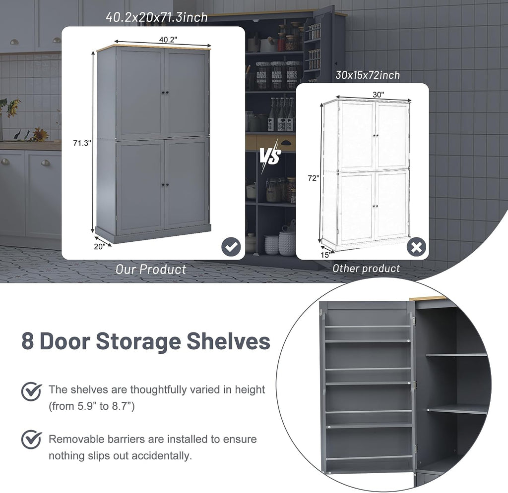 Ball & Cast 71.3' Freestanding Kitchen Pantry with 2 Built-in Drawers and Adjustable Shelves,Storage Cupboard Cabinet with 8 Door Shelves,for Kitchen,Dining Room,Living Room,Apartment,Gray
