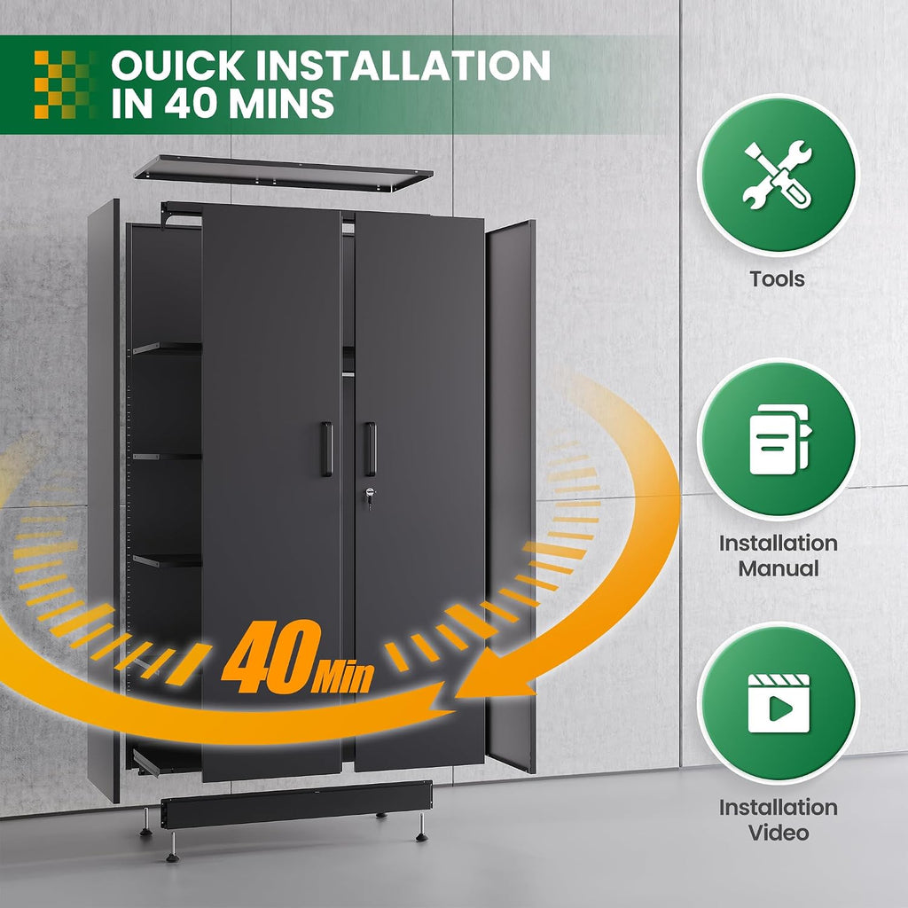 Broom Closet with Lock, Metal Storage Cabinet 36' Wide, 5-Tier Steel Utility Cabinet with Hanging Rod & Doors for Garage, Laundry Room, Warehouse Storage