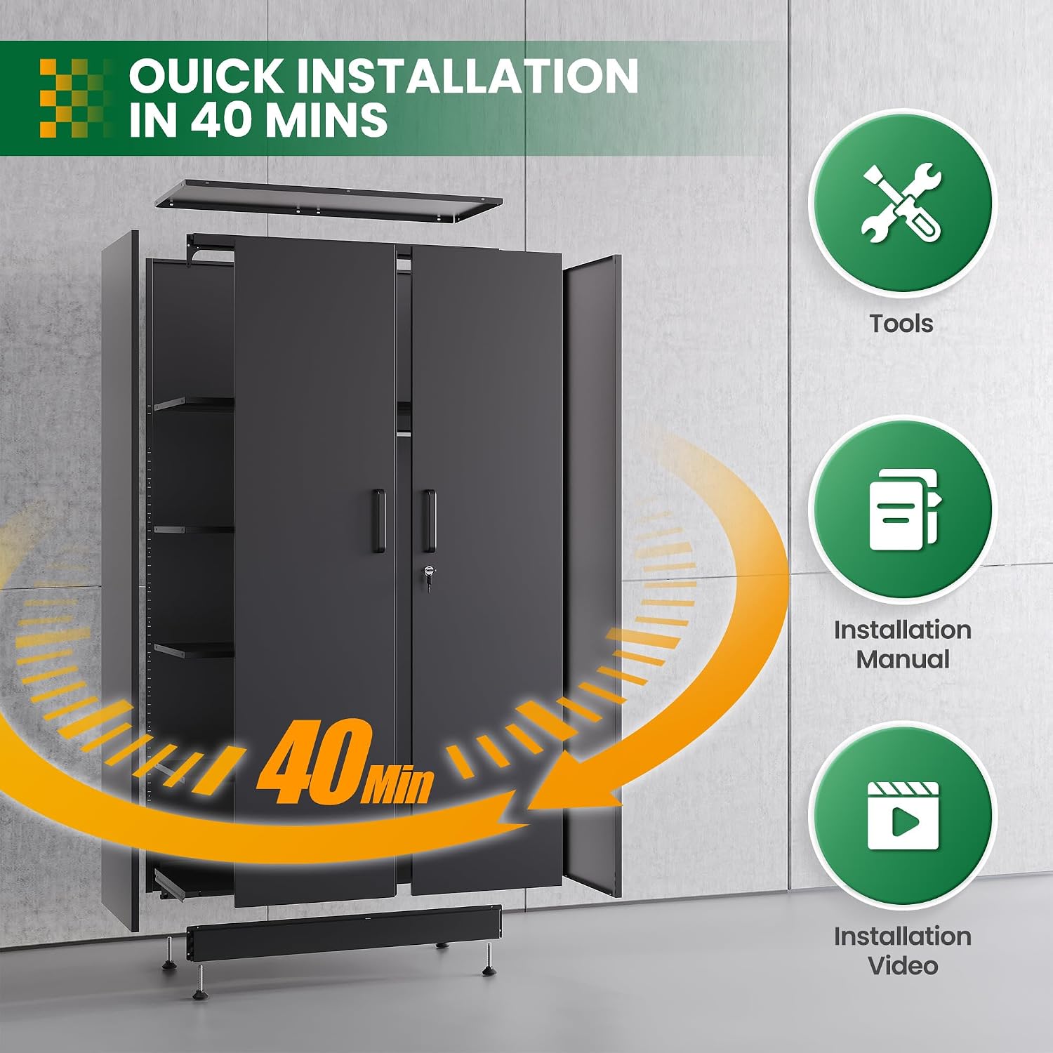 Broom Closet with Lock, Metal Storage Cabinet 36' Wide, 5-Tier Steel Utility Cabinet with Hanging Rod & Doors for Garage, Laundry Room, Warehouse Storage