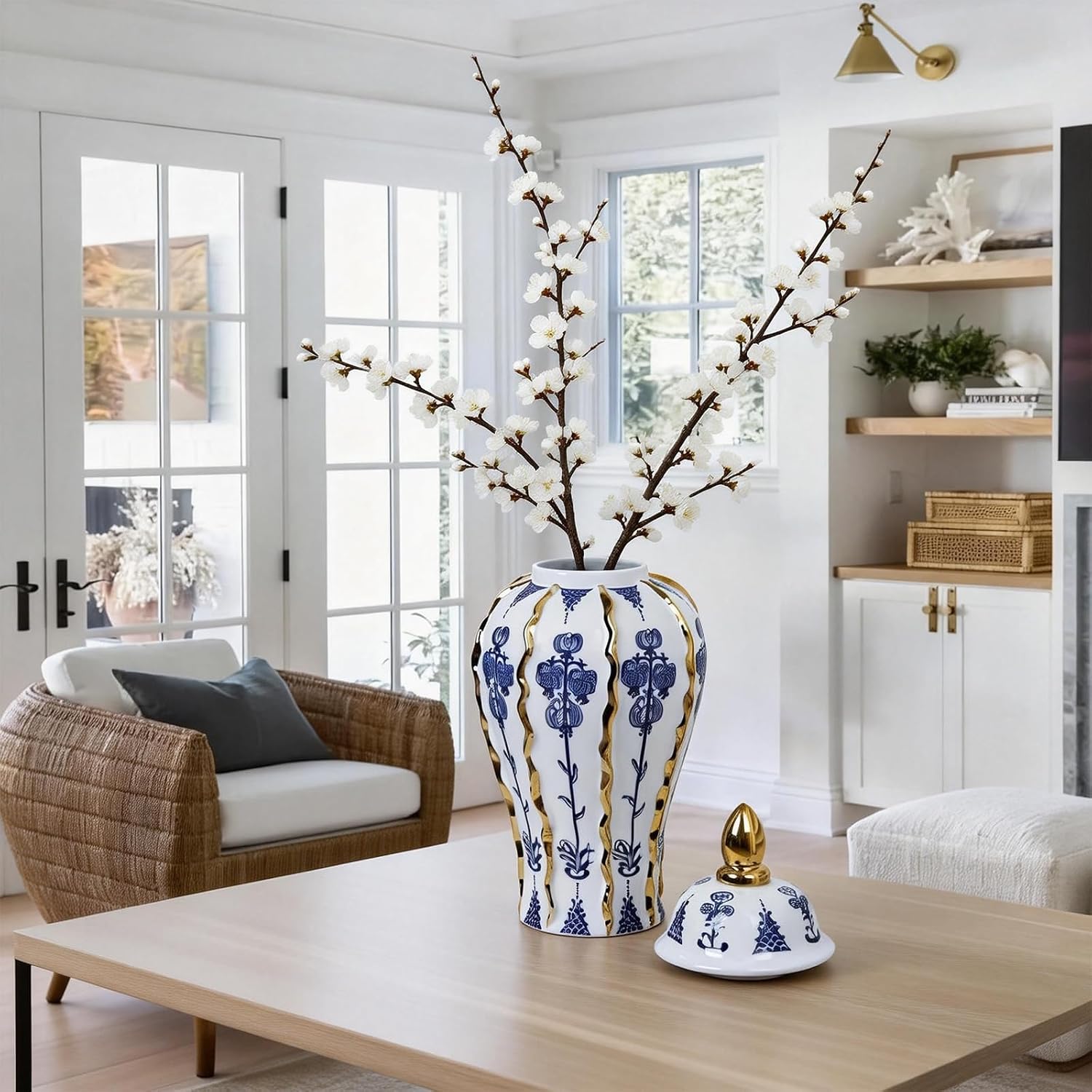 Blue and White Ginger Jar with lid, 18 Inch Large Ceramic Vase for pampas grass, Luxury Home Decor White Gold Tall Flower Vase for Living Room Kitchen Centerpiece, Hotel Wedding Decor