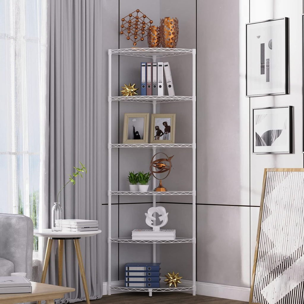 6 Tier NSF Corner Wire Shelf Shelving Unit, 18 x 18 x 72 Inch 420lbs Capacity Heavy Duty Adjustable Metal Storage Rack with Leveling Feet & Shelf Liners for Office Kitchen Bathroom and More - White