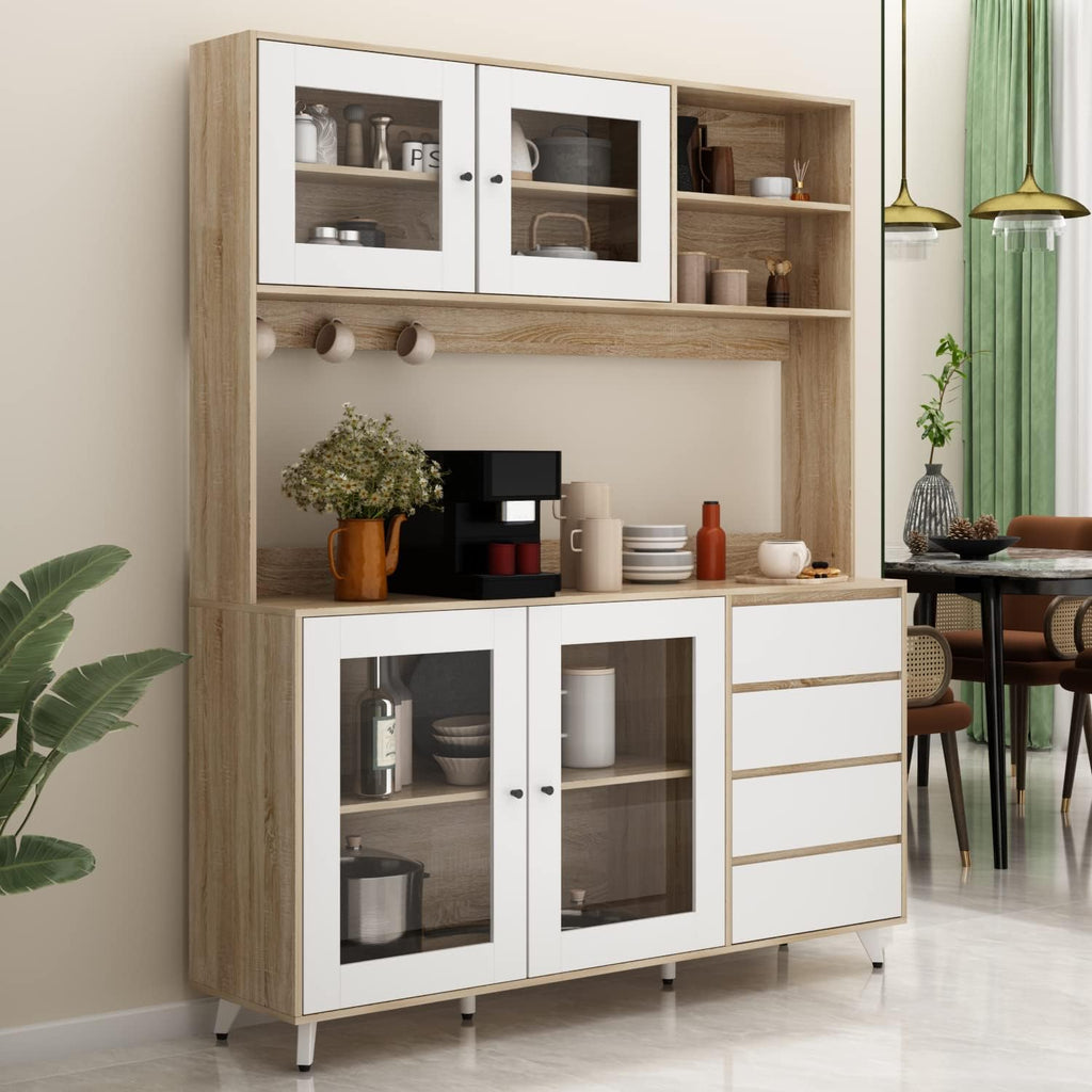ECACAD Freestanding Kitchen Pantry Storage Cabinet with Glass Doors, Shelves & Drawers, Modern Sideboard Buffet Cabinet, Wood Kitchen Cupboard with Hutch and Hooks, Walnut and White