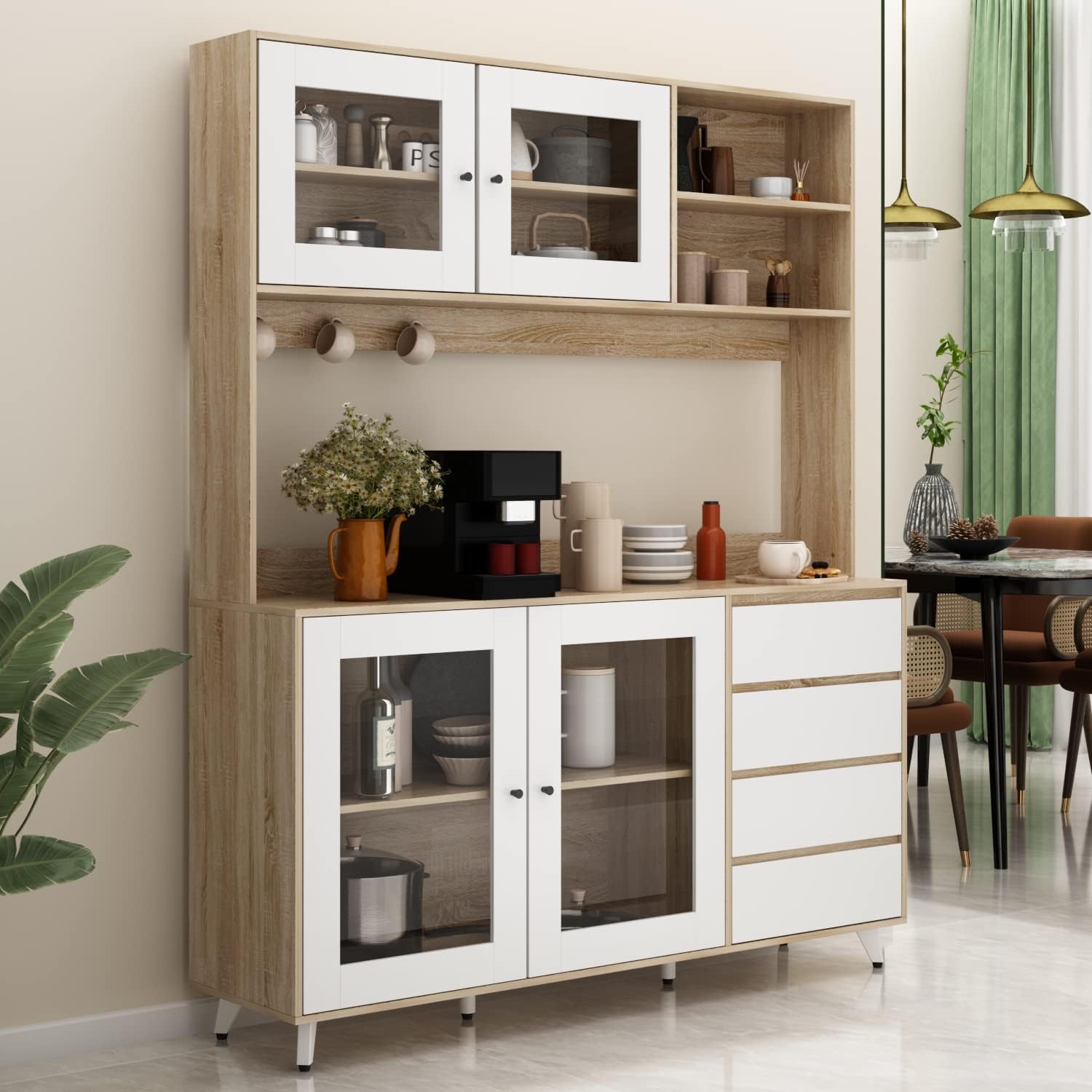 ECACAD Freestanding Kitchen Pantry Storage Cabinet with Glass Doors, Shelves & Drawers, Modern Sideboard Buffet Cabinet, Wood Kitchen Cupboard with Hutch and Hooks, Walnut and White