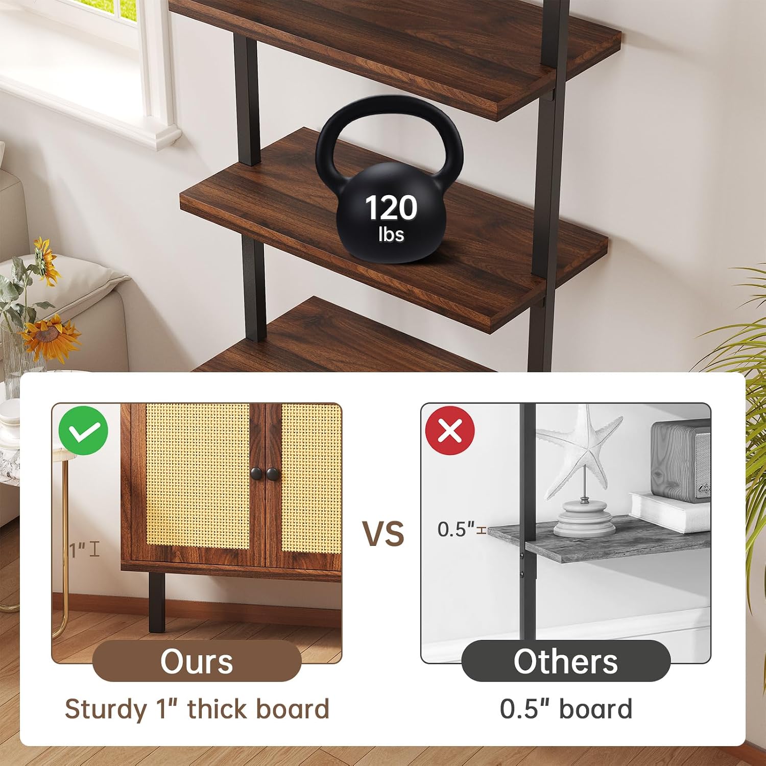 Airynee Ladder Bookshelf, 4 Tier Book Shelf with Rattan Cabinet, Wall Mount Bookshelves and Bookcases with Metal Frame, Anti Dump, Tall Bookcase for Living Room, Home Office, Bedroom Walnut