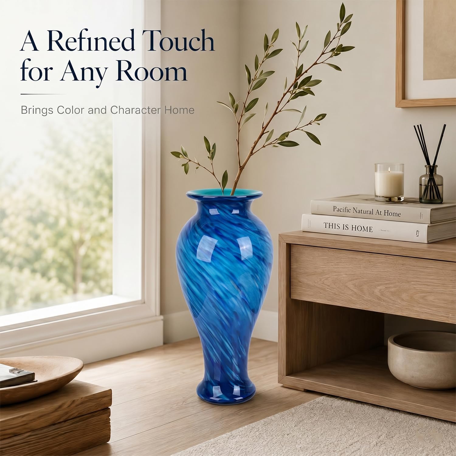 20' Tall Blue Glass Vase Hand Blown Large Floor Glass Vase Home Decor, Pretty Modern Dark Blue Flowers Vases, Jarrones Grandes para Sala Elegantes, Large Vases for Living Room Wedding Decor