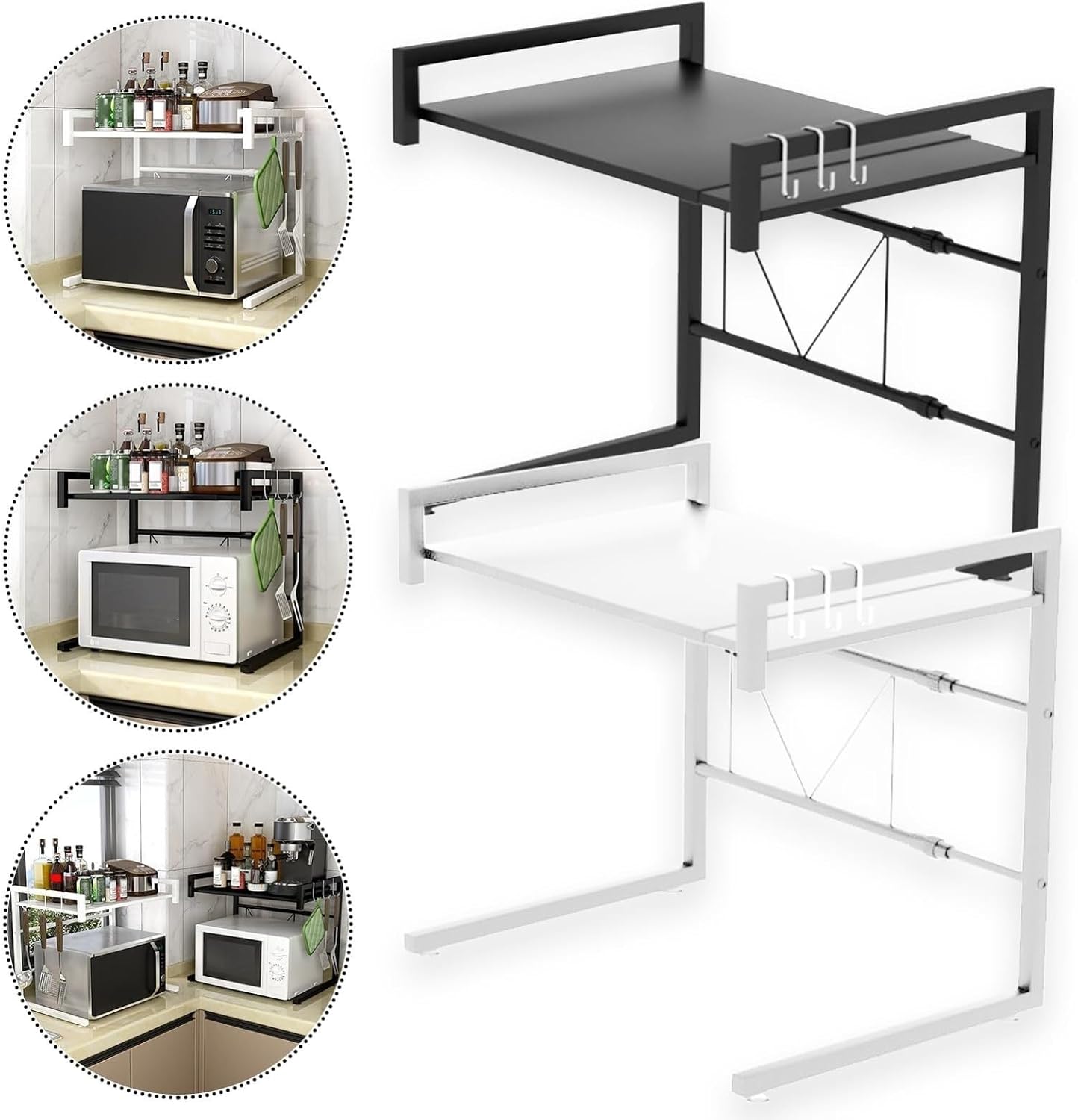 Microwave Oven Rack,Adjustable Kitchen Baker's Rack - Expandable Microwave Shelf & Modern Countertop Organizer for Rice Cookers, Kitchen Storage Solutions & Utensil Holder (Black)