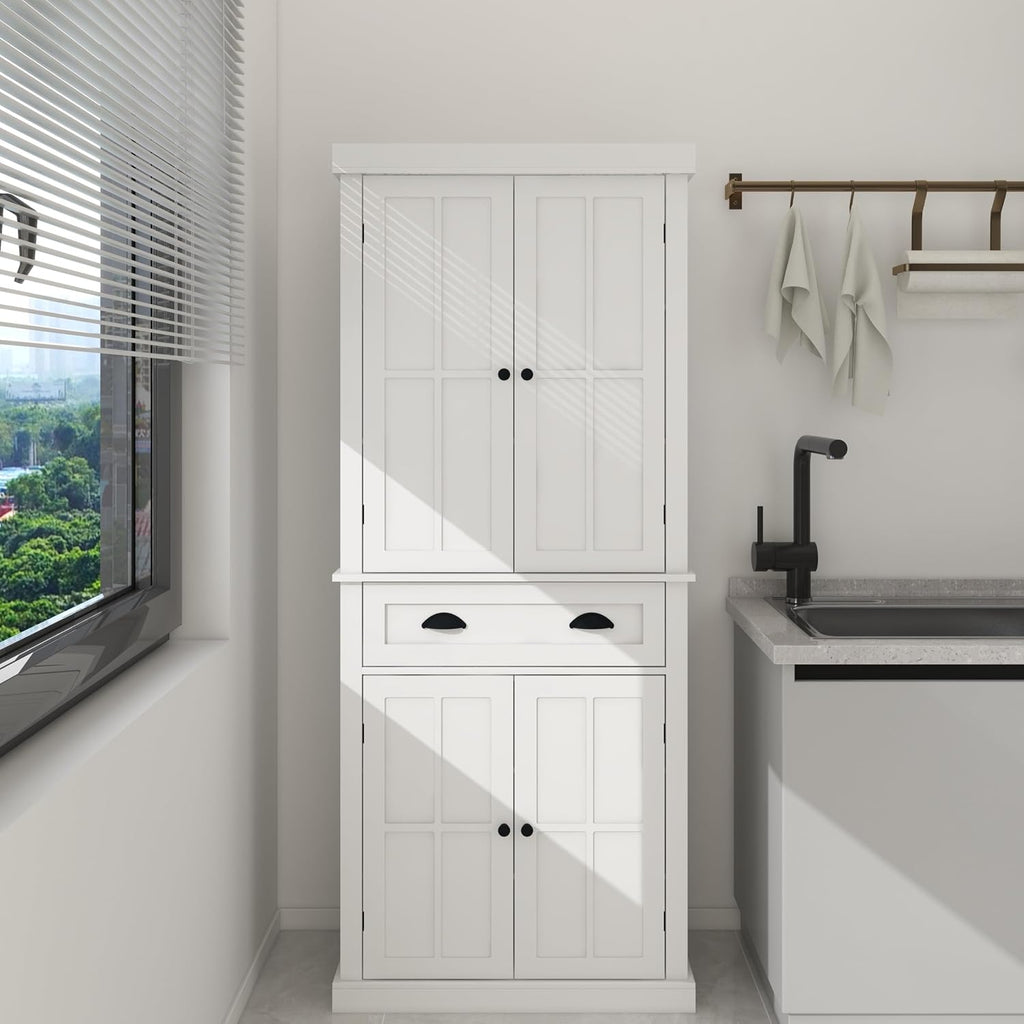 72' Adjustable-Shelf Freestanding Storage Cabinet, Kitchen Storage Bakers Rack with Drawer, Utility Food Cupboard with Anti-tip for Kitchen Dining Laundry Room, White