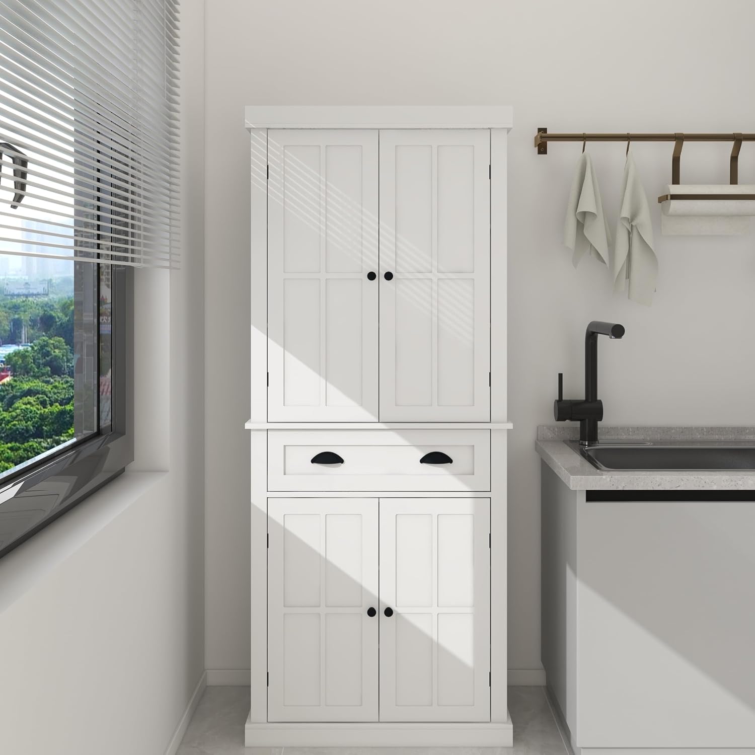 72' Adjustable-Shelf Freestanding Storage Cabinet, Kitchen Storage Bakers Rack with Drawer, Utility Food Cupboard with Anti-tip for Kitchen Dining Laundry Room, White