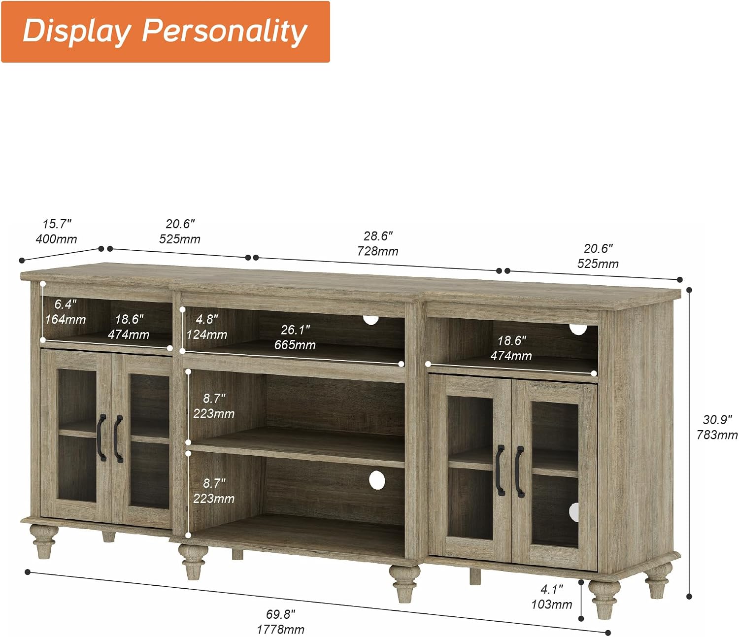 WAMAPT Buffet Cabinet with 4 Glass Doors, Large Coffee Bar Tables Wood Kitchen Storage Cabinets with 9 Storages, Modern Farmhouse Sideboard Credenza, Wash Gray, 70 inch