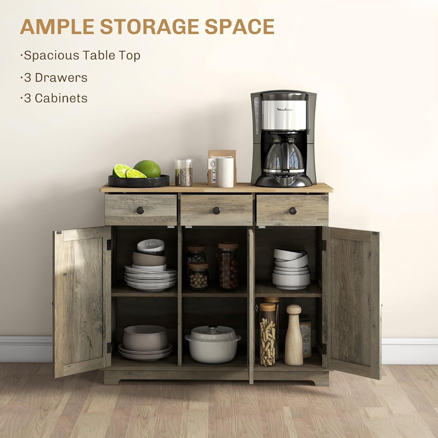 40' Solid Wood Top Freestanding Storage Cabinet, Kitchen Storage Bakers Rack with Drawers, Utility Food Cupboard with Adjustable Shelf for Dining Room Entryway, Gray