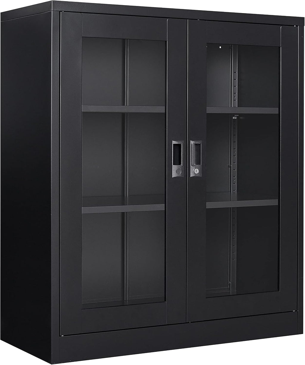 SISESOL Black Metal Storage Cabinet with Doors and Shelves,36 inch Locking Display Cabinet with Acrylic Doors,Office Cabinets with Lock,Sideboard Cabinets for Home Office,Living/Dining/Utility Room,
