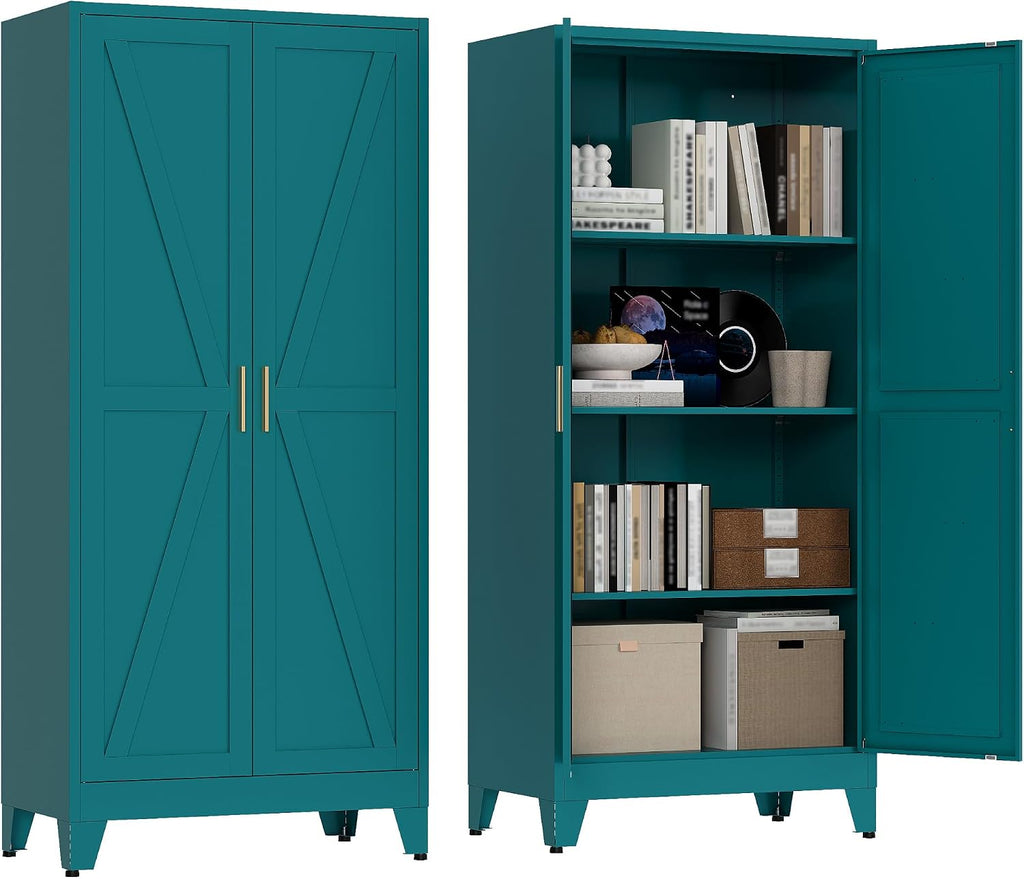 QINPTWUT 61' Metal Storage Cabinet, 4-Tier Kitchen Pantry with 3 Adjustable Shelves, Farmhouse Design Freestanding Cupboard for Kitchen, Bathroom, Laundry, Garage, Blue