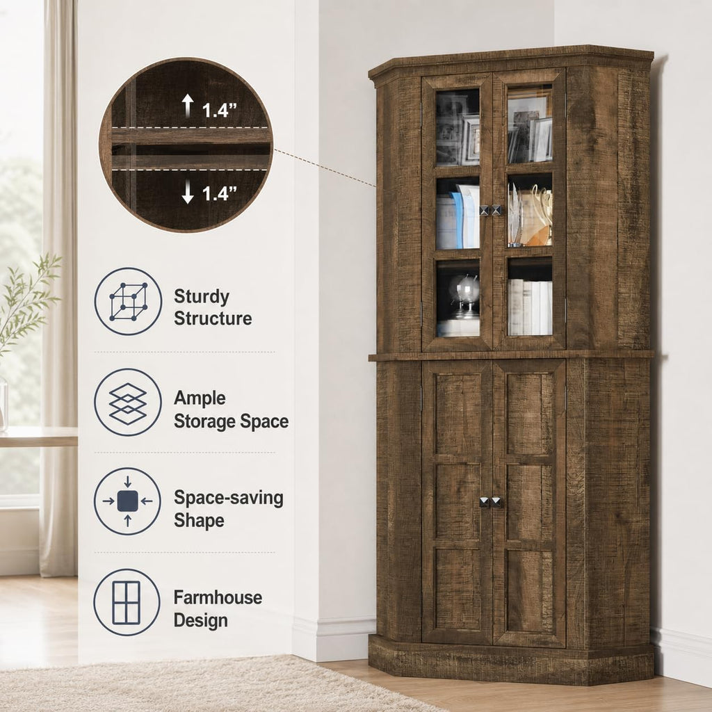 Betterhood Corner Cabinet, 67' Tall Kitchen Pantry Storage Cabinet with Glass Doors and Adjustable Shelves, Freestanding Food Pantry Farmhouse Furniture for Kitchen,Living Room, Rustic Brown